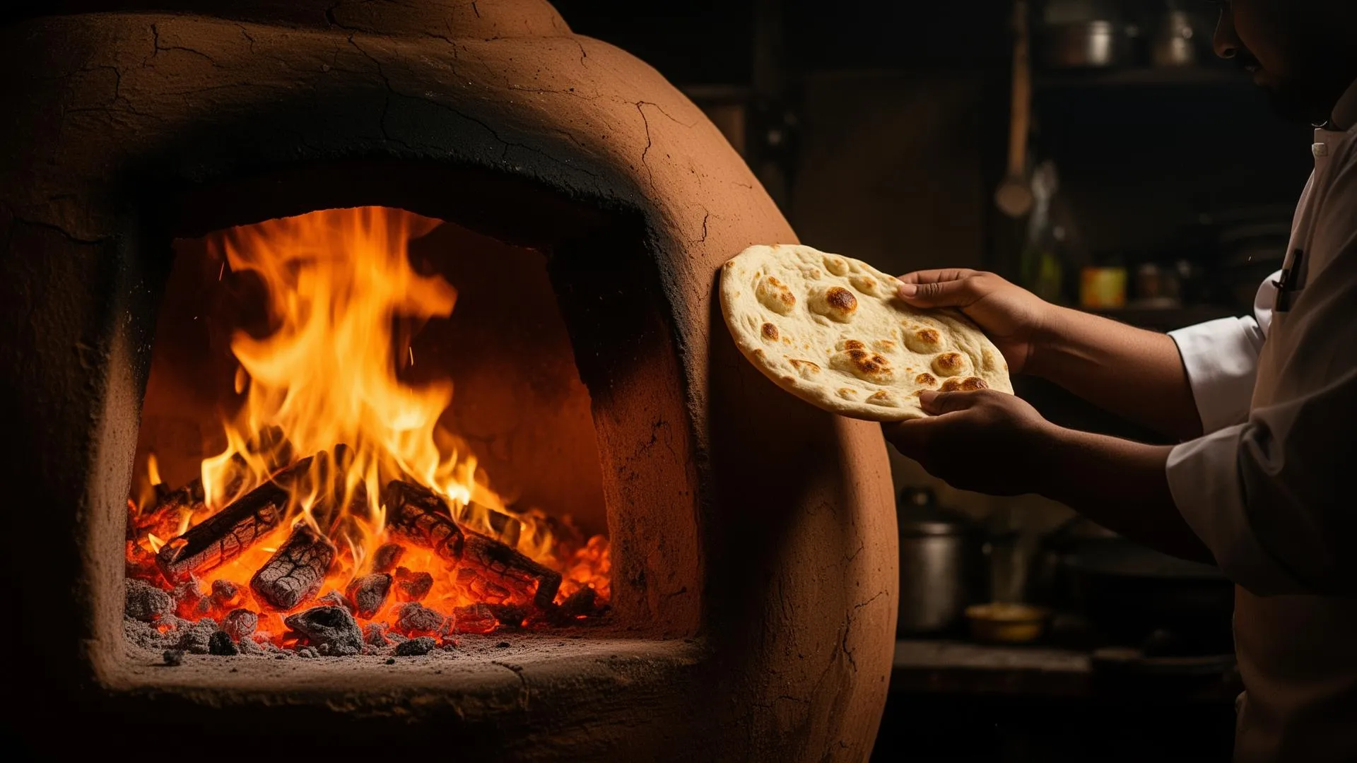 Clay tandoor with open flames